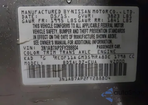 2015 Nissan Sentra Sv from USA, damaged, VIN 3N1AB7AP2FY288804